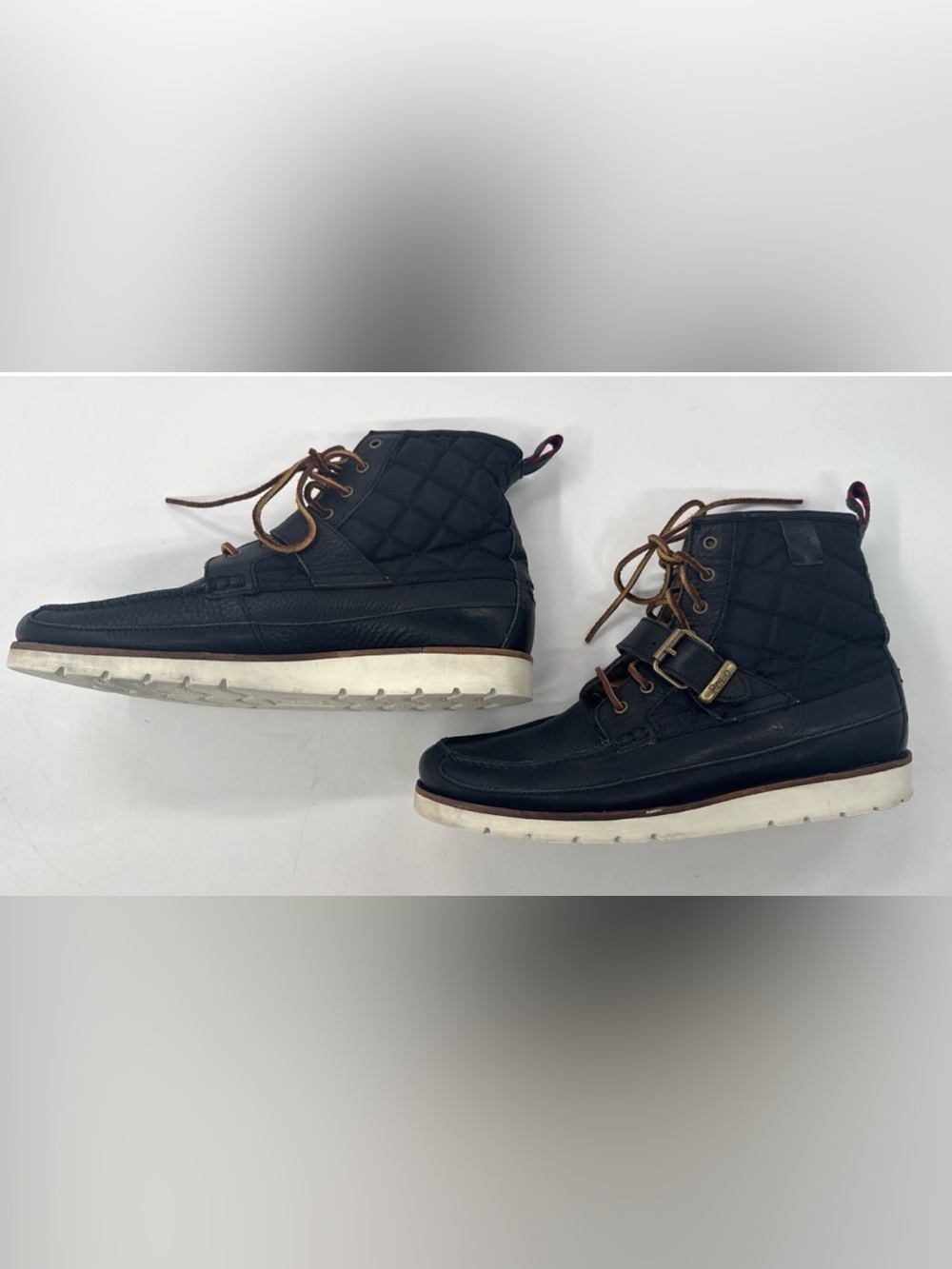 Polo Ralph Lauren Boots Men's 11 Black Leather Saddleworth Buckle Quilted Combat - Picture 8 of 12